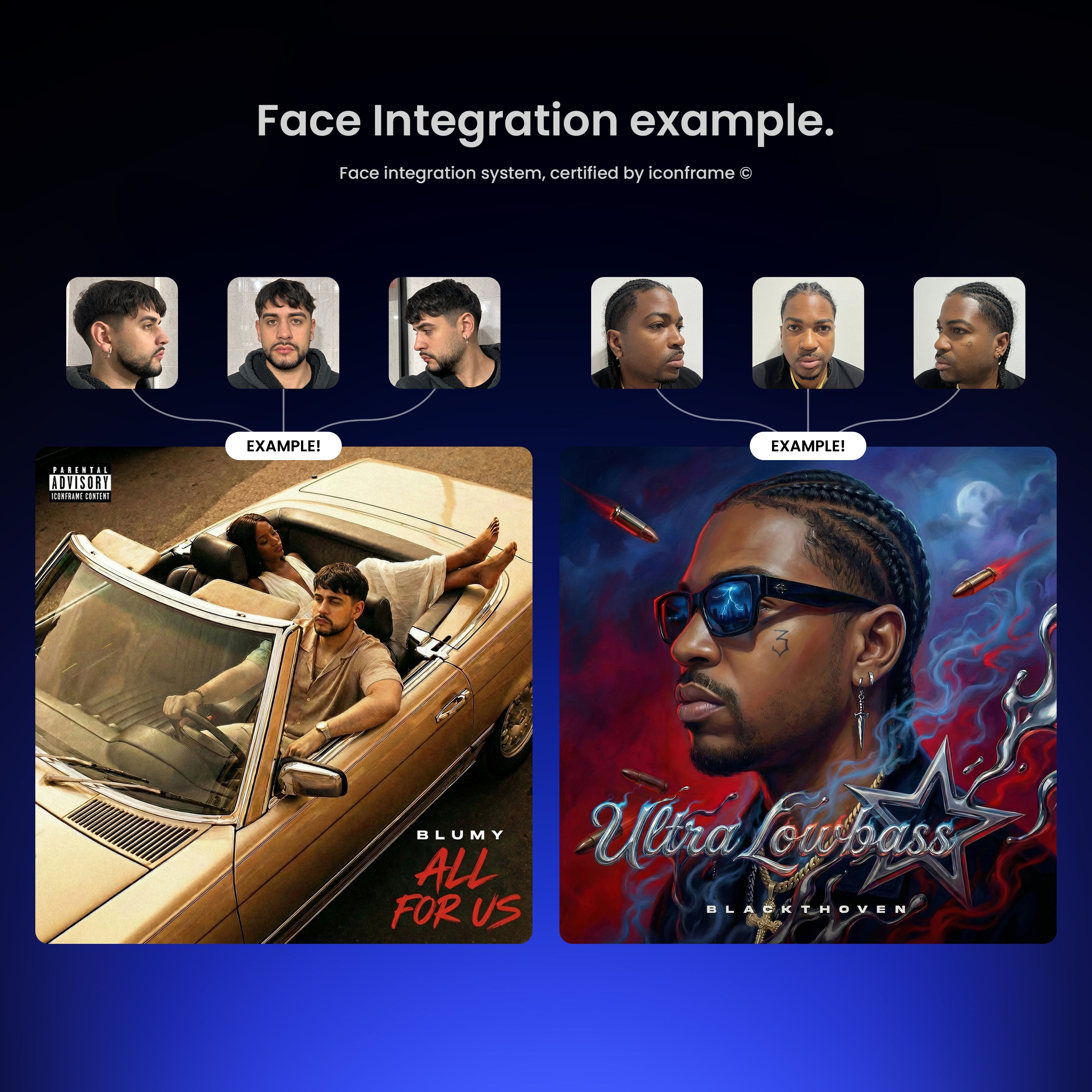Close-up of the ICONFRAME Loved face integration artwork showing vibrant colors and detailed facial features.