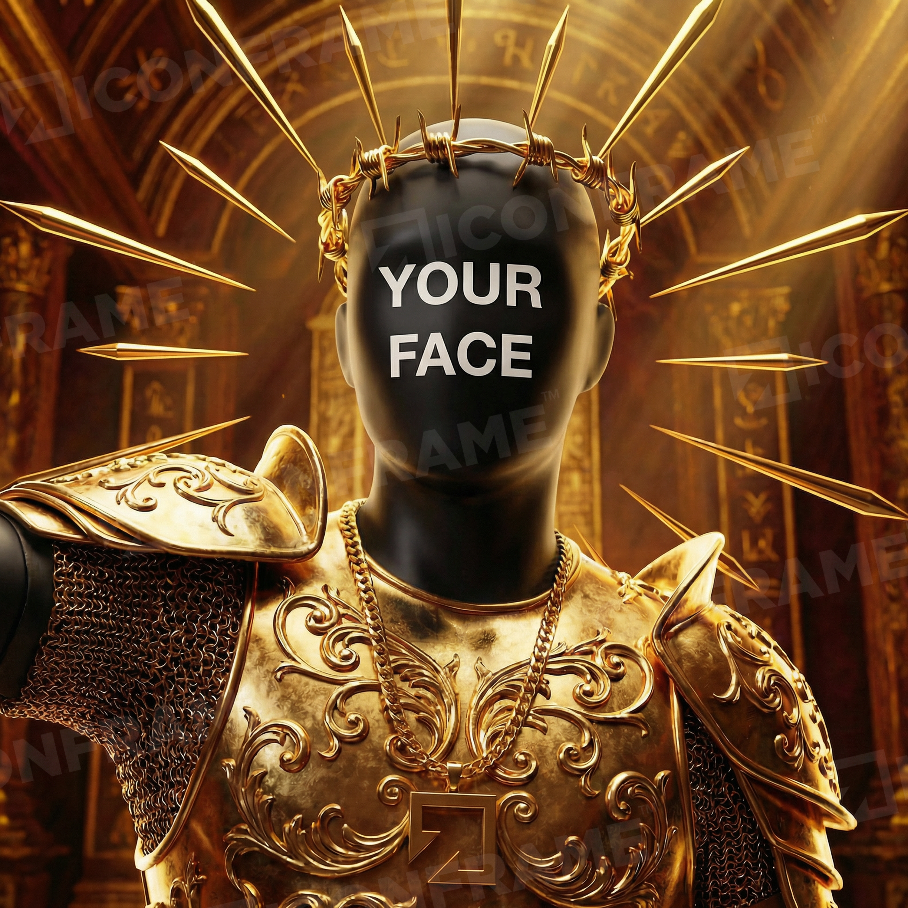 Golden Ascension artwork by ICONFRAME featuring vibrant gold tones and intricate design elements.