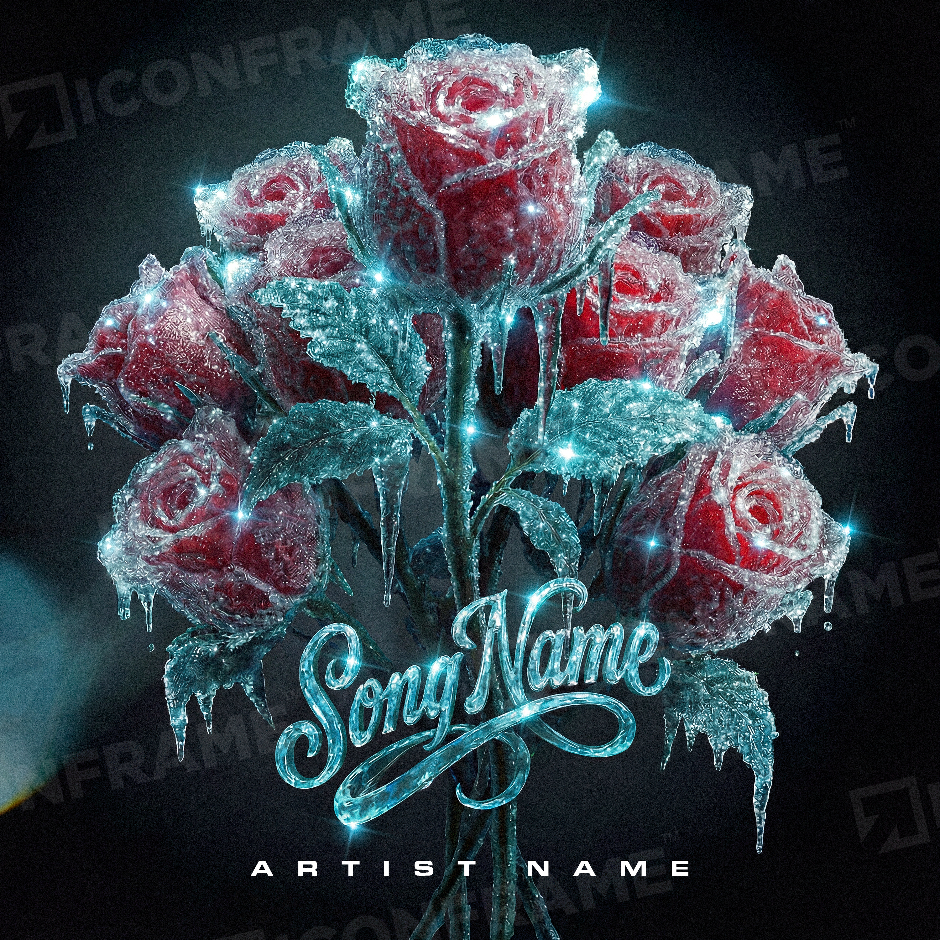 Close-up of delicate ice roses in a glass display, showcasing the intricate frozen flower details by ICONFRAME.