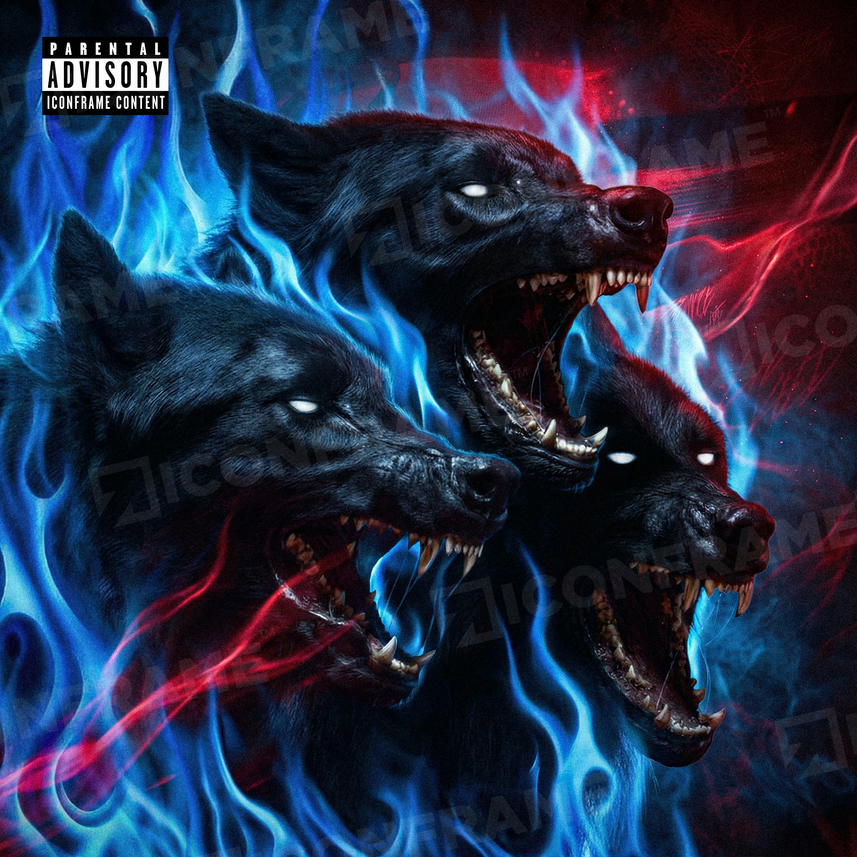 Illustration of fierce infernal dogs with fiery details, from ICONFRAME's Infernal Dogs art collection.