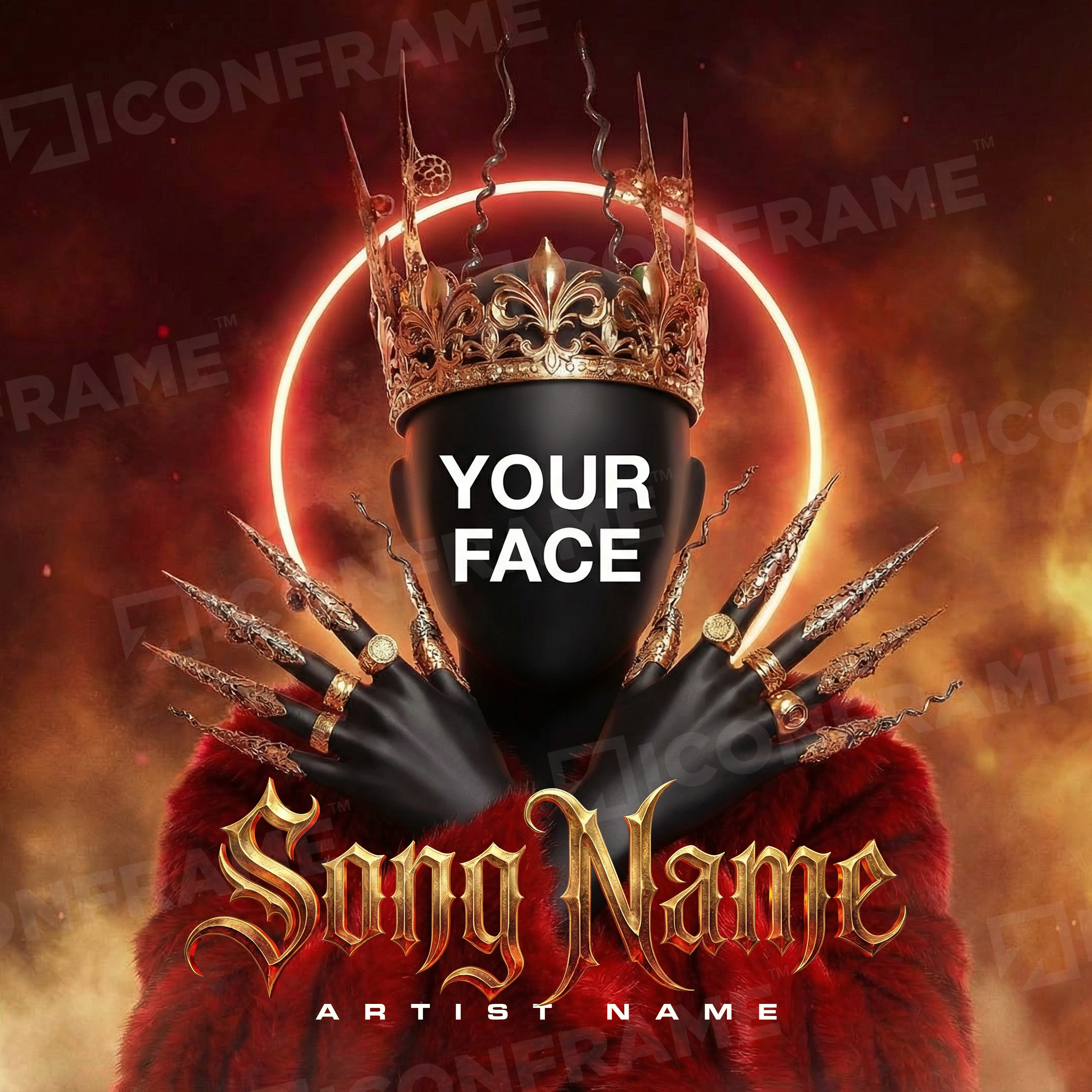 Inferno Queen artwork by ICONFRAME featuring fiery, intricate design with vivid red and orange tones on a dark background.