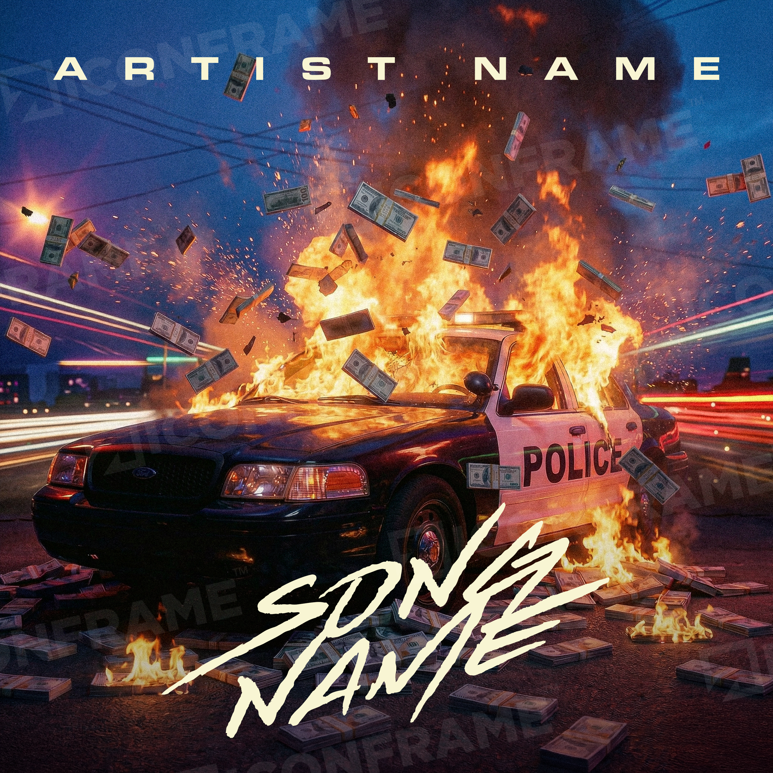 Iconframe Police on Fire artwork featuring a police officer engulfed in flames, vibrant and detailed digital illustration.