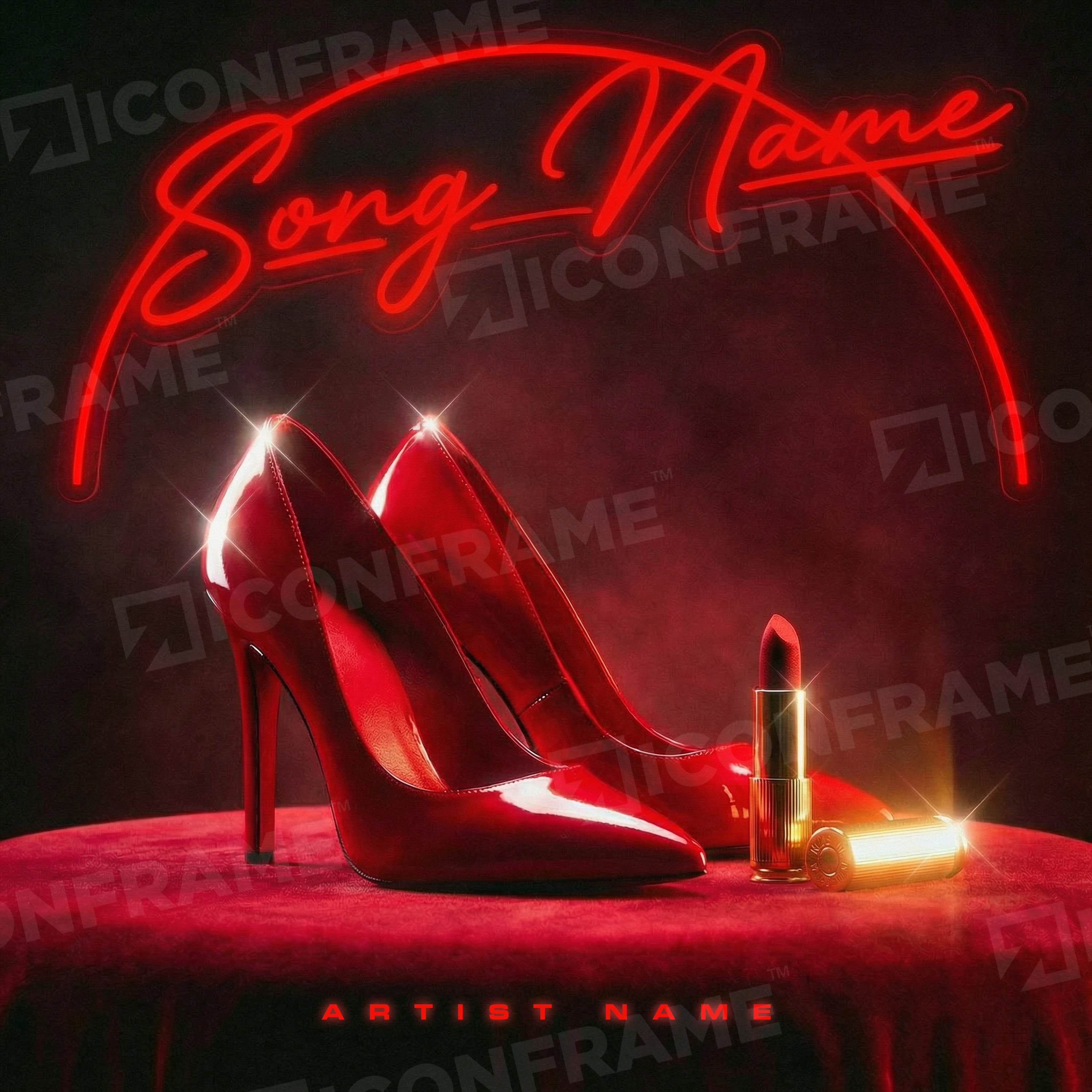 Red ICONFRAME heels featuring pointed toes and stiletto heels, stylish women’s footwear for formal or evening wear.