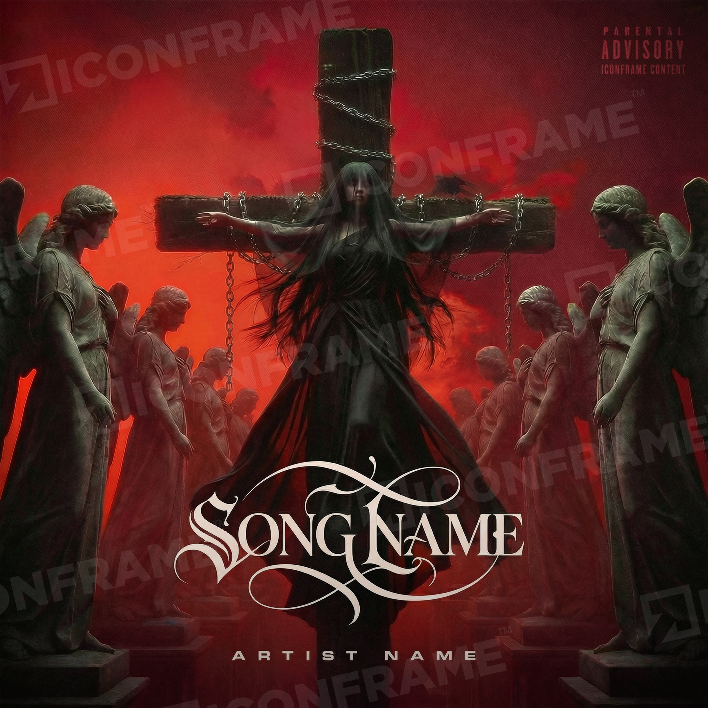Iconframe Sacrilege wall art print featuring bold, dark imagery with intricate details suitable for modern interior decor.