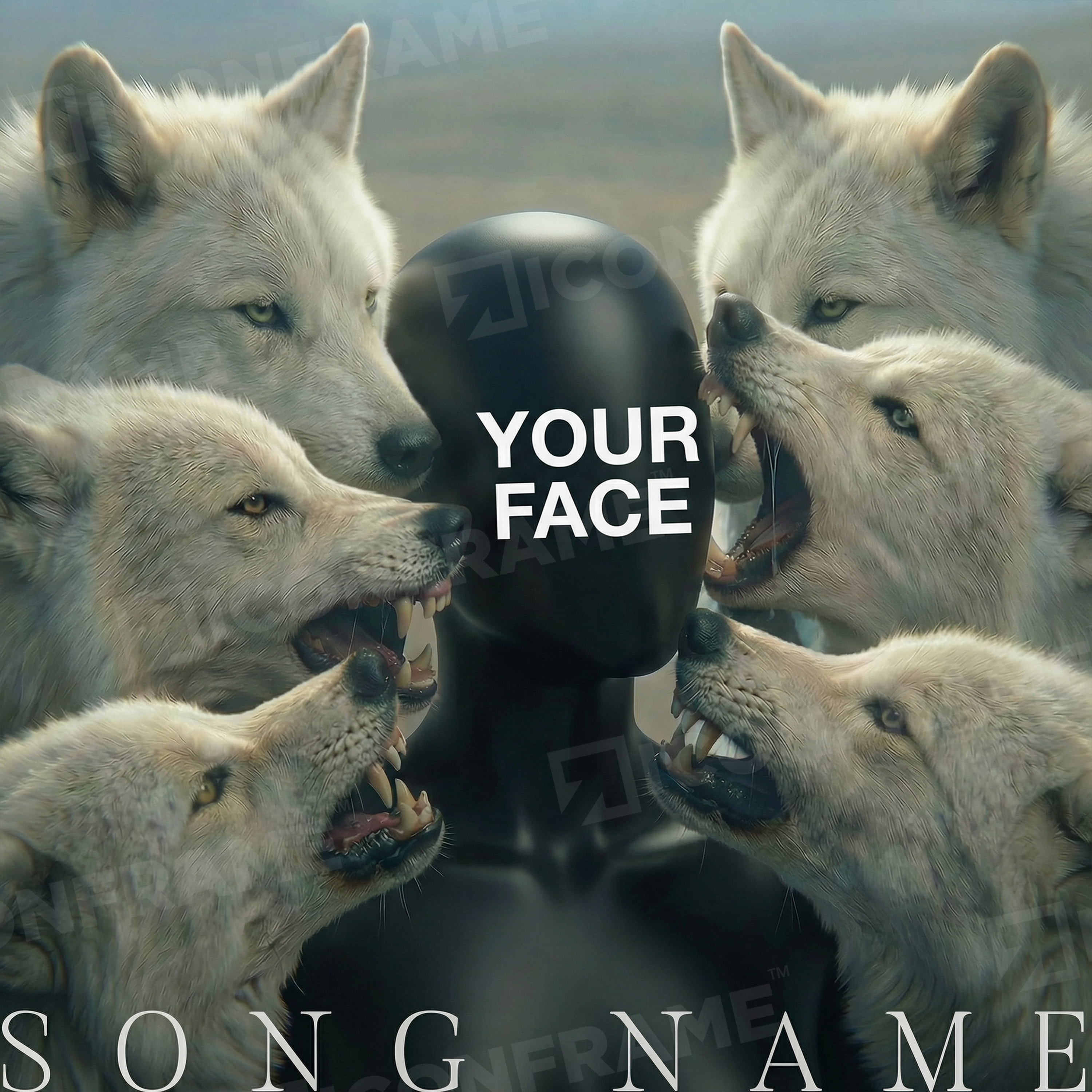 Iconframe Wolf Pack artwork featuring a pack of wolves in detailed black and white illustration.
